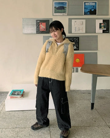 Eponde wool hachi half-zip collar knit